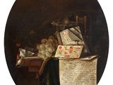 an image of a painting of a table with a bunch of papers