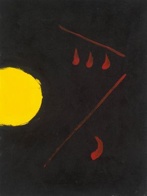 une peinture abstraite représentant un cercle jaune et des lignes rouges sur fond noir