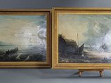 une paire de peintures à l'huile représentant des bateaux sur l'eau et un bateau au loin