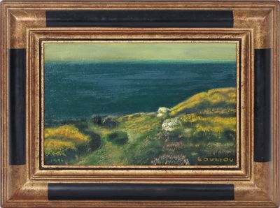 une peinture à l'huile représentant des moutons paissant sur une colline verdoyante surplombant l'océan