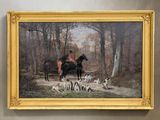a painting of a man riding a horse with a group of dogs in the background