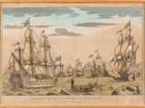 an old painting of ships in a body of water with a sky background