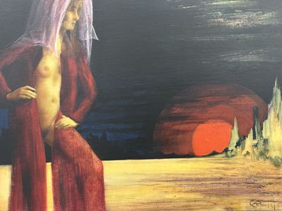an oil painting of a woman in a red dress standing in front of a sunset