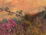 an oil painting of a horse grazing in a field near a hill
