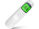 an electronic thermometer with a green screen on a white background
