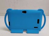 the back of a blue cell phone case with a cat on it