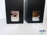 pair of black speakers on a white surface with a reflection of a dog