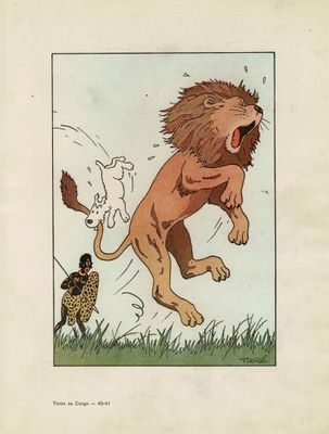 illustration représentant un lion poursuivant un chien dans un champ