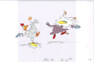 drawing of two cartoon birds with tennis rackets and a tennis ball