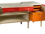 an orange and white cabinet with two drawers and a shelf