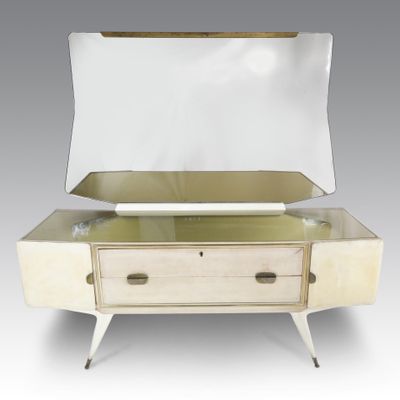 an art deco sideboard with a glass top and metal legs