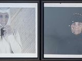 two framed photographs of a woman in a white dress and a pine cone