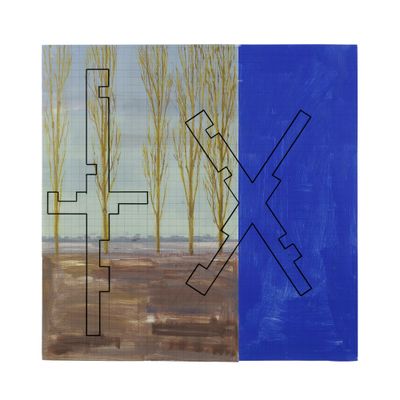 une image représentant un tableau sur lequel figurent une croix et une rangée d'arbres