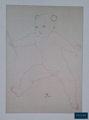un dessin représentant un bébé tenant une brosse à dents dans la main