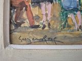 a painting of a group of people walking down the street