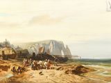 a painting of a group of people riding horses on the beach
