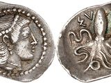 une pièce d'argent représentant une pieuvre au recto et une pieuvre au verso