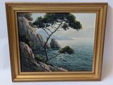 an oil painting of a tree on a cliff overlooking the ocean
