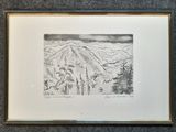 dessin représentant un paysage de montagne avec des arbres et des montagnes en arrière-plan