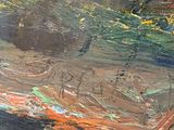 a close up of a painting of a boat in the water
