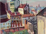 painting of a view of a city with a clock tower in the distance