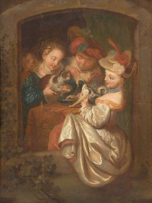 une image représentant un tableau où l'on voit un groupe de personnes jouant avec un chat