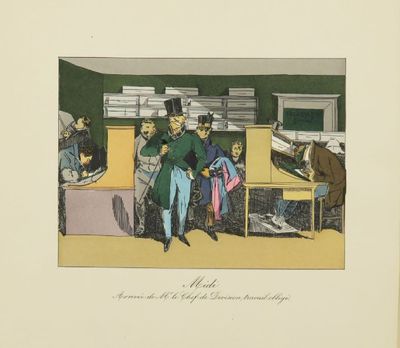 an illustration of a group of men standing around a room