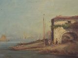 a painting of a boat on the water with a building in the background