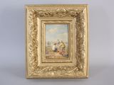 a painting of a group of people on a beach in a gold frame