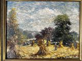 une image représentant un tableau illustrant une scène de vie à la ferme, avec la récolte du foin