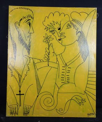 tableau représentant un homme et une femme tenant chacun une fleur à la main