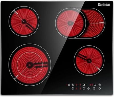 black and red glass cooktop with four burners and four burners