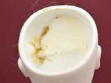 a white cup with a brown substance on top of it