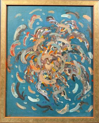 tableau représentant un tableau de poissons dans une eau bleue, avec un cadre doré