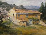 an oil painting of a house in a field with trees and mountains in the background