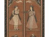 a painting of two women and a cat on a brown background