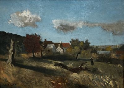 an image of a painting of a person in a field with a house in the background
