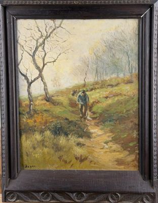 an oil painting of a man walking a horse down a path