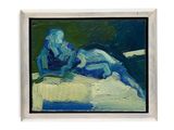 painting of a man sitting on a ledge with his arm resting on a woman ' s chest