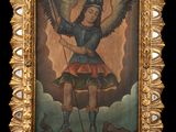 an antique painting of an angel holding a sword and a dragon