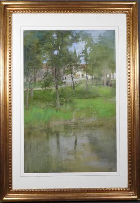 tableau encadré représentant une rivière avec une maison en arrière-plan