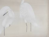 two white birds standing next to each other on a wall