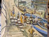 a painting of a painting of people on a boat