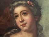 an old painting of a woman in a green dress with a flower in her hair