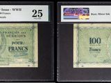 two old bank notes are on display in front of a black background