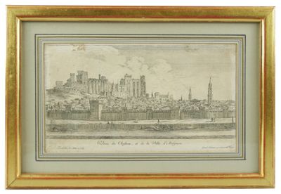 un dessin représentant une vue d'une ville avec un château en arrière-plan