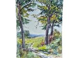 watercolor painting of a country road with trees in the foreground