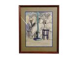 painting of a man and a woman sitting at a table in front of an umbrella
