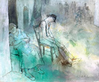 painting of a man sitting on a chair in a room with other people