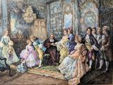 un tableau représentant un groupe de personnes assises dans une pièce
